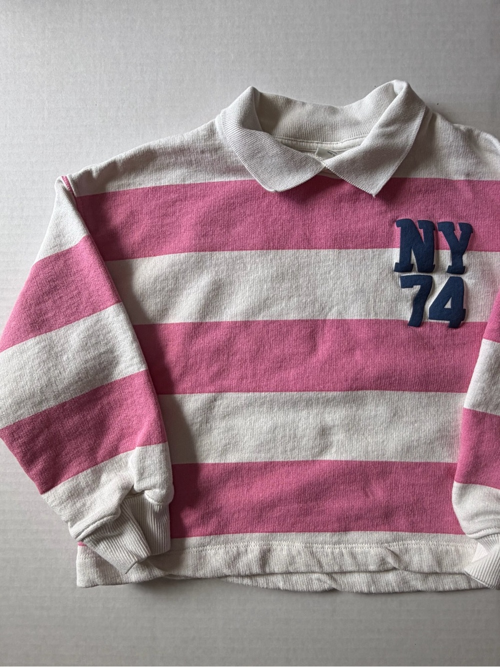 ZARA Girls 8-9Y Pink Stripe NY 74 Boxy Rugby Sweatshirt